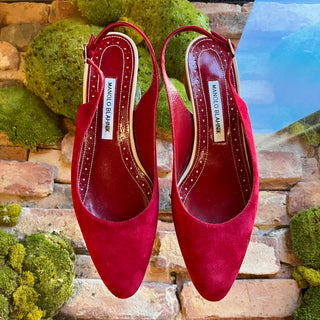 MANOLO BLAHNIK Red Suede Slingback Heels SZ 38.5 (US 8.5)