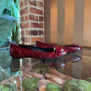 BURBERRY Burgundy Quilted Patent Leather Flats SZ 38.5
