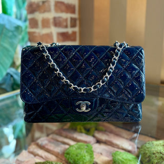 CHANEL Blue Crinkle Patent Single Flap