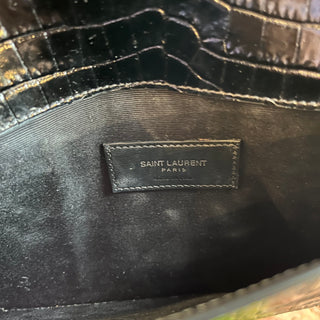 SAINT LAURENT Uptown Black Calfskin Crocodile Embossed Monogram Clutch