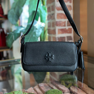 TORY BURCH Thea Black Pebbled Leather Shoulder Bag