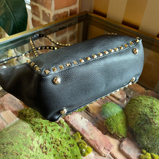 VALENTINO GARAVANI Rockstud Medium Black Pebbled Calfskin Tote