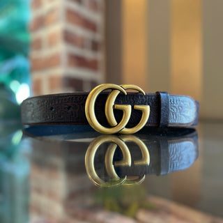 GUCCI GG Brown Calfskin Tooled Leather Belt SZ 90/36