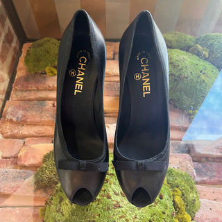 CHANEL Black Leather Peep Toe Bow Pumps SZ 39.5 (US 9.5)