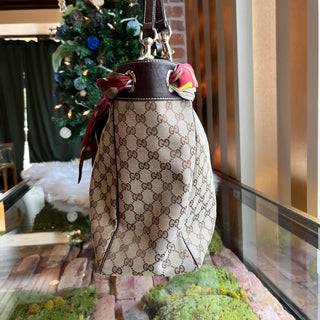 GUCCI Positano Small Beige Brown GG Canvas Leather Tote Bag