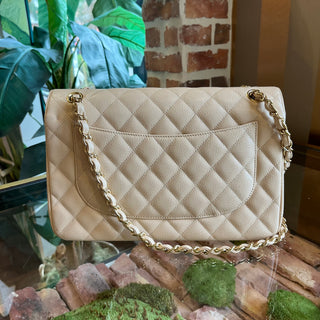 CHANEL Classic Double Flap Beige Quilted Caviar Leather Shoulder Bag