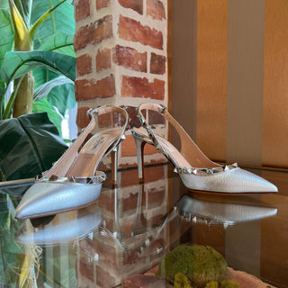 VALENTINO Rockstud Metallic Silver Leather Slingback Heels SZ 35 (US 5)