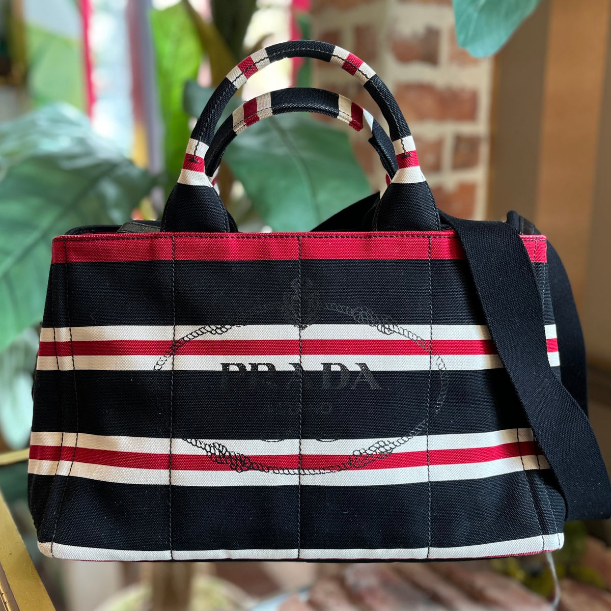 PRADA Red &amp; Black Striped Convertible Canapa Tote Bag