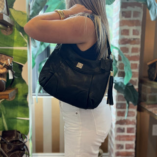 MCM Black Grained Leather Tassel Hobo Bag