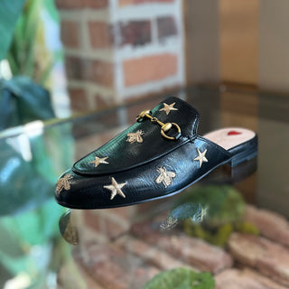 GUCCI Princetown Leather Bee Embroidered Mule Flats SZ37(7US)