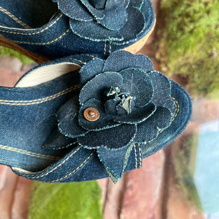 CHANEL Denim Camellia Cork Wedges SZ38.5(8.5US)