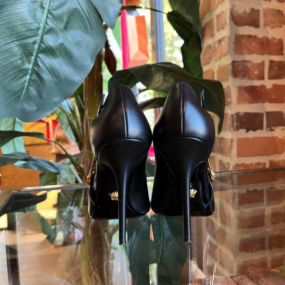 VERSACE Black Leather Safety Pin Pumps SZ38.5