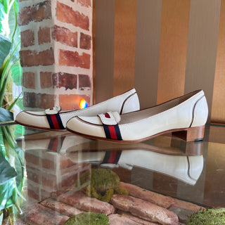 GUCCI White Leather Blue/Red Web Stripe Heeled Loafers SZ 8.5