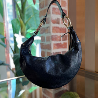 GUCCI Black Guccissima Half Moon Bamboo Ring Hobo Bag