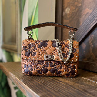 VALENTINO Brown Embroidered Leather Rockstud Crossbody