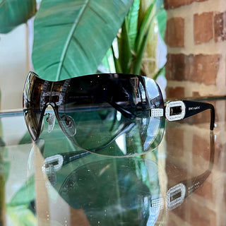 BVLGARI 6054-B-M Black Crystal Embellished Gradient Shield Sunglasses