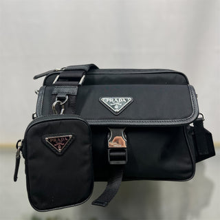 PRADA Black Re-Nylon Saffiano Pocket Single Snap Buckle Crossbody Bag