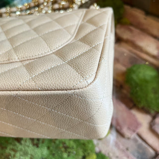 CHANEL Classic Double Flap Beige Quilted Caviar Leather Shoulder Bag