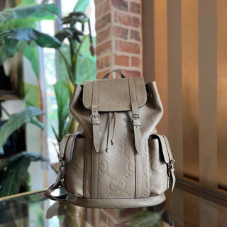 GUCCI Piuma Taupe Jumbo GG Embossed Calfskin Leather Double Buckle Backpack