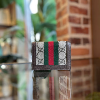 GUCCI Ophidia Brown GG Supreme Monogram Textured Dollar Calfskin Web Card Case
