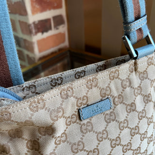 GUCCI Small Beige Blue GG Canvas Web Strap Zip Messenger Crossbody Bag