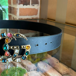 GUCCI Double G Logo Crystal-Embellished Leather Belt 90/36(8US)