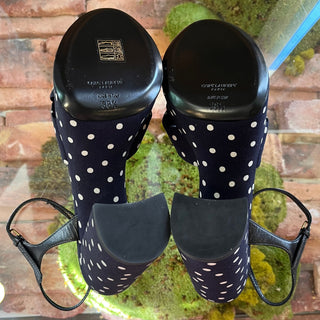 SAINT LAURENT Navy Blue Canvas Polka Dot Bianca Platform Sandals SZ 38 (US 8)