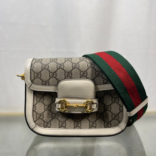 GUCCI Horsebit 1955 Beige White GG Supreme Monogram Shoulder Bag TS3799