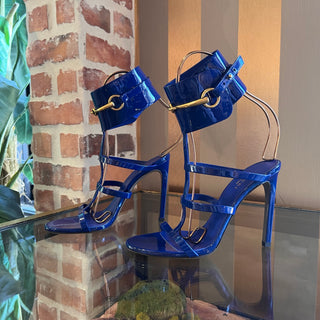 GUCCI Ursula Horsebit Blue Patent Leather Ankle Strap Heels SZ 37 (US 7)