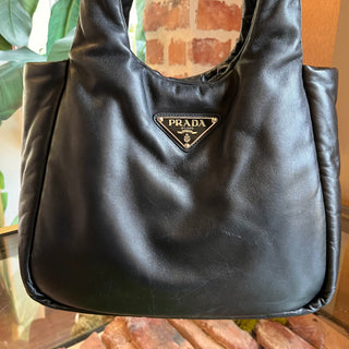 PRADA Black Padded Leather Triangle Logo Tote Bag