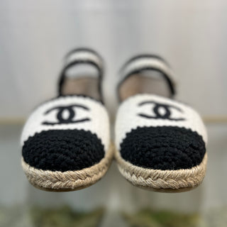 CHANEL Braided Crochet Black-White Embroidery Espadrilles SZ 40