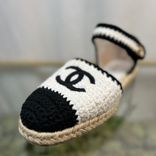 CHANEL Braided Crochet Black-White Embroidery Espadrilles SZ 40