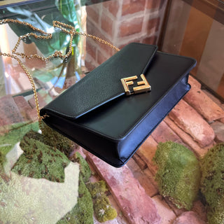 FENDI FF Diamonds Wallet On Chain Black Leather Crossbody Bag