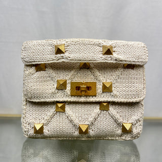 VALENTINO GARAVANI Ecru Cream Knit Roman Stud Shoulder Bag TS3792