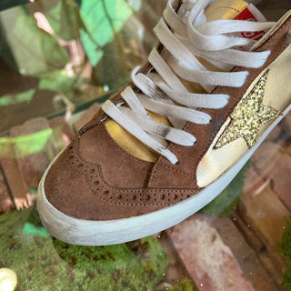 GOLDEN GOOSE Midstar Brown Suede Gold Leather Glitter Star Sneakers SZ38(8US)