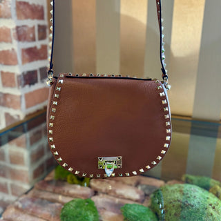 VALENTINO Brown Leather Rockstud Flap Crossbody