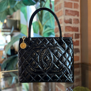 CHANEL Medallion Black Quilted Patent Leather Vintage Tote Bag
