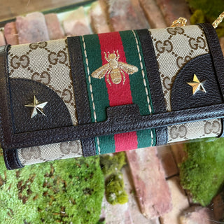 GUCCI GG Monogram Canvas Bee Web Stripe Continental Wallet