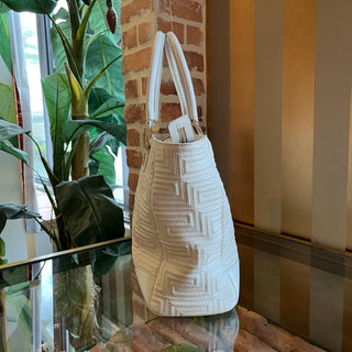 VERSACE White Greca Embroidered Leather Zip Tote