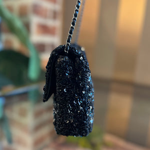 CHANEL Black Sequin Mini Flap Bag Ruthenium H/W