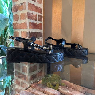 CHANEL Strappy Quilted Black Lambskin Platform Sandals SZ 39 (US 9)