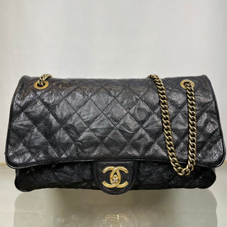 CHANEL Easy Flap Caviar Leather Shoulder Bag Black ADI11083