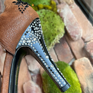 PRADA Brown Floral Beaded T Strap  Crystal Embellished Heels SZ39(9US)