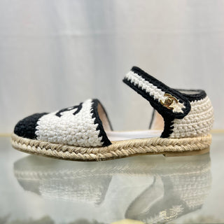 CHANEL Braided Crochet Black-White Embroidery Espadrilles SZ 40