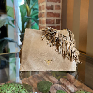 PRADA Beige Cervo Leather Fringe Strap Shoulder Bag
