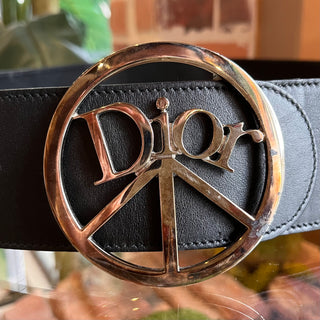 DIOR Wide Black Leather Peace Sign Belt SZ 90