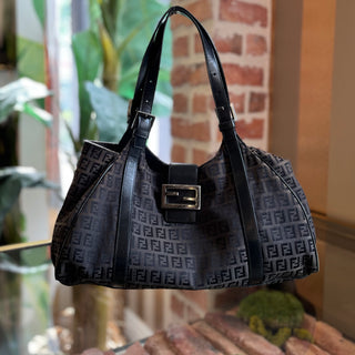 FENDI Black Zucchino Canvas Shoulder Bag