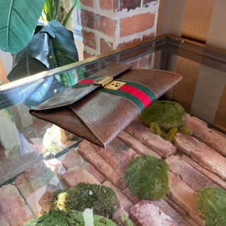 GUCCI Sherry Line Brown Leather Web Vintage Clutch Bag