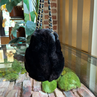 CHANEL Chocolate Brown Rabbit Fur Drawstring Shoulder Bag