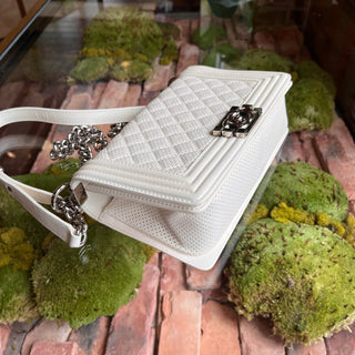 CHANEL Medium Boy Bag White Perforated Leather Shoulder Bag